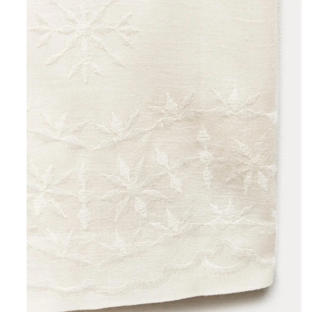 Zara ZW Collection Embroidered Ecru Linen Blend Pants XS
